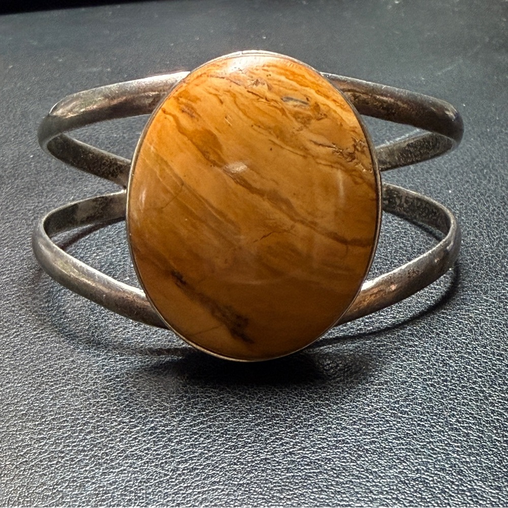 Vintage Sterling Silver Yellow Banded Jasper Cuff Bracelet Southwestern 45.5 g